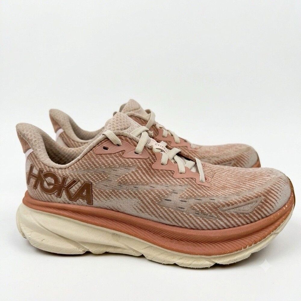 Hoka Clifton 9 Shoes Womens 7 Running Athletic Gym Sneakers Sandstone Cream Pink